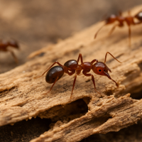 Close-up photo of reddish-brown ants crawling on weathered wood, representing ant infestations commonly treated in Prince George’s County, Maryland