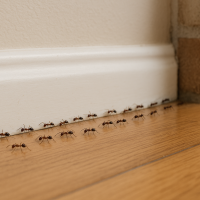 Line of ants crawling along the baseboard of a Northern Virginia home, highlighting a common indoor infestation near walls and flooring.