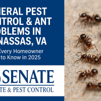 Promotional image for Senate Termite & Pest Control showing ants on a stone surface with text about pest control services in Manassas, VA.