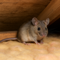 House mouse resting on insulation between attic beams in a Northern Virginia home—common sign of rodent infestation during colder months.