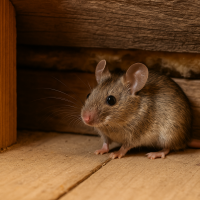 House mouse hiding between wooden beams in a residential attic in Prince George’s County, Maryland—common sign of a rodent infestation.