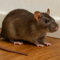 A large brown rat near a home's baseboard, representing rodent infestations treated by Senate Termite & Pest Control in Falls Church, VA.