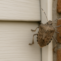 Close-up of a brown marmorated stink bug crawling on the siding of a home in Frederick, Maryland.