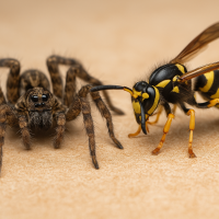 A close-up of a black carpenter ant with a segmented body and bent antennae, crawling on a wooden surface.
