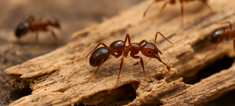 Close-up photo of reddish-brown ants crawling on weathered wood, representing ant infestations commonly treated in Prince George’s County, Maryland