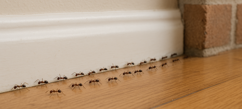 Line of ants crawling along the baseboard of a Northern Virginia home, highlighting a common indoor infestation near walls and flooring.