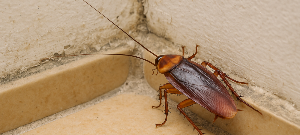 Close-up of an American cockroach in the corner of a tiled floor and wall, representing a common indoor pest problem in Virginia Beach homes.