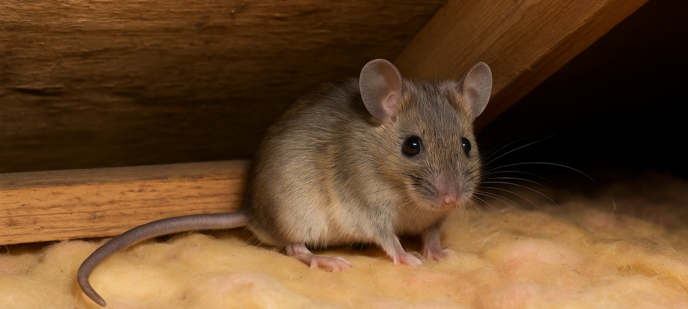 House mouse resting on insulation between attic beams in a Northern Virginia home—common sign of rodent infestation during colder months.