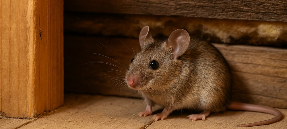 House mouse hiding between wooden beams in a residential attic in Prince George’s County, Maryland—common sign of a rodent infestation.