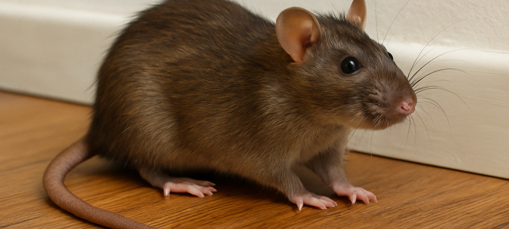 A large brown rat near a home's baseboard, representing rodent infestations treated by Senate Termite & Pest Control in Falls Church, VA.