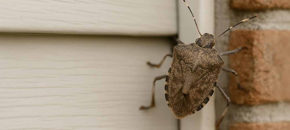Close-up of a brown marmorated stink bug crawling on the siding of a home in Frederick, Maryland.
